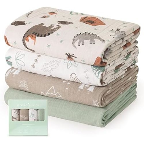 david's kids 4 Pack Baby Muslin Swaddle Blankets, 100% Cotton and Ultra Soft Breathable Receiving Blanket Wrap for Boys Girls, New Born Essentials, Large 47 x 47 inches, Dinasor & Camp