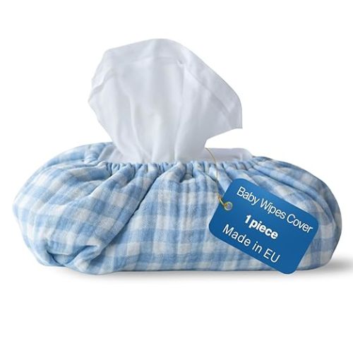 Baby Wipes Cover – Universal Size, One Size Fits All Wipes Packages | Muslin Cotton Tissue Cover for Nursery, Diaper Bag & Changing Table, Station | Gingham & Neutral Patterns (Baby Blue Gingham)