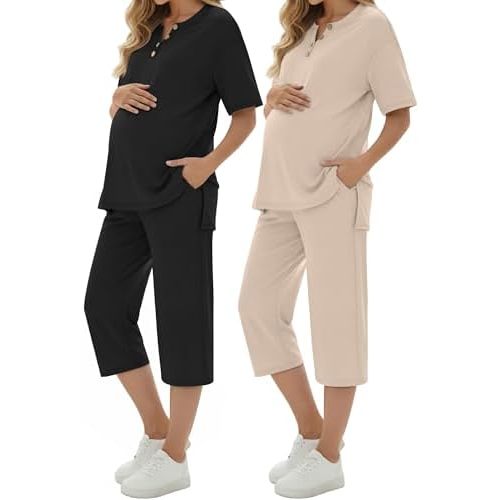 Maternity Outfit for Women 2 Pack Soft Postpartum Pajamas Lounge Set Summer Short Sleeve Top Wide Leg Capri Pants