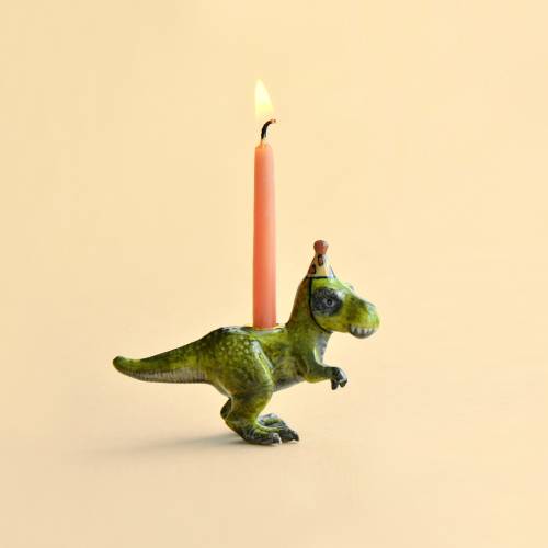 T-Rex Cake Topper: Hand-Painted Porcelain Dinosaur Candle Holder