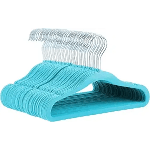 Amazon Basics Kids Space Saving Velvet Non-Slip Clothes Hangers with Shoulder Notches for Infant and Toddler, 11.6", Blue, 50-Pack