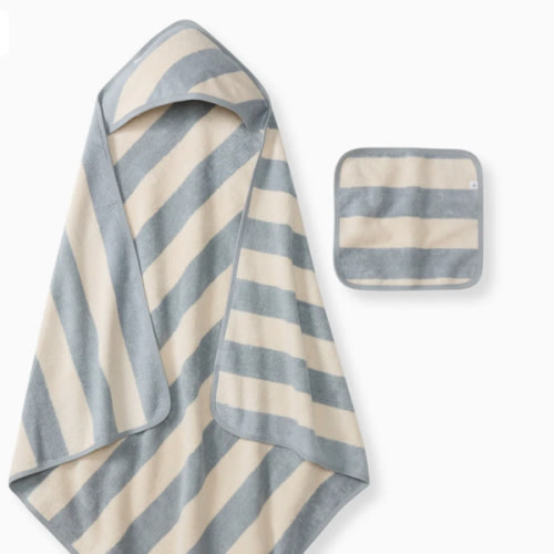 Organic Cotton Rugby Stripe Woven Terry Towel & Washcloth Set - Quarry