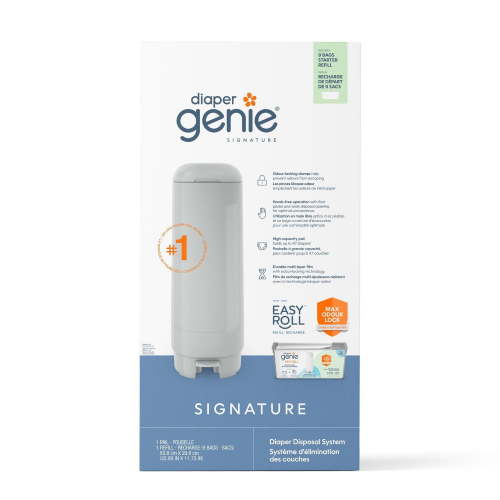 Diaper Genie Signature Pail - Grey, Includes 1 Easy Roll Refill with 9 Bags, holds up to 423 newborn diapers per refill. - Walmart.ca