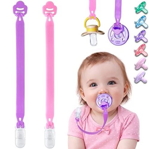 Silicone Pacifier Clip with Adapter Ring for Philips Avent Soothie, 2 Pack One-Piece Soft Binky Clips Holder for Baby Girls Boys, Anti-Loss Paci Clips for Baby Shower Newborn Essentials,Pink Purple