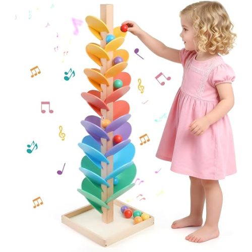 Wooden Marble Run Music Tree for Kids Ages 3+ - Upgraded Easy Assembly with Built-in Nuts, Montessori Toys for Toddlers, Color Sorting Marble Ball Run & Musical Game for Boys Girls 4-8