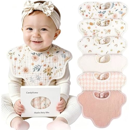 CandyHome Muslin Bibs for Baby Girl Boy 6 Pack, 100% Cotton Extra Soft Absorbent Bandana Baby Bibs for Drooling and Teething Toddler Baby Girl Newborn Essentials Gifts