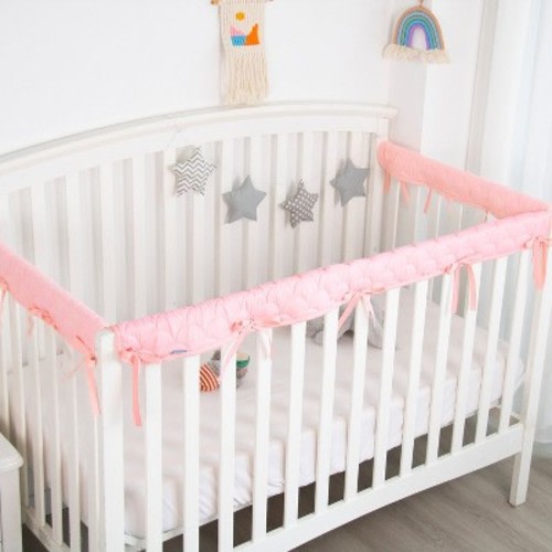 Biloban-3 Pieces Reversible Crib Rail Teething Covers, Crib Rail Teething Guard, l Teething Guard Wrap ,Thick Quilted,  Pink & White, Set of 3