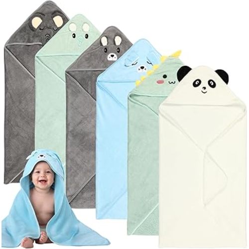 6 Pack Baby Bath Towels Set 31.5 x 31.5 Inch Baby Hooded Towel Coral Fleece Soft Absorbent Toddler Hooded Bath Blanket for Newborn Boy Girl Shower Kids Infant Gift(Multicolor,Cute)