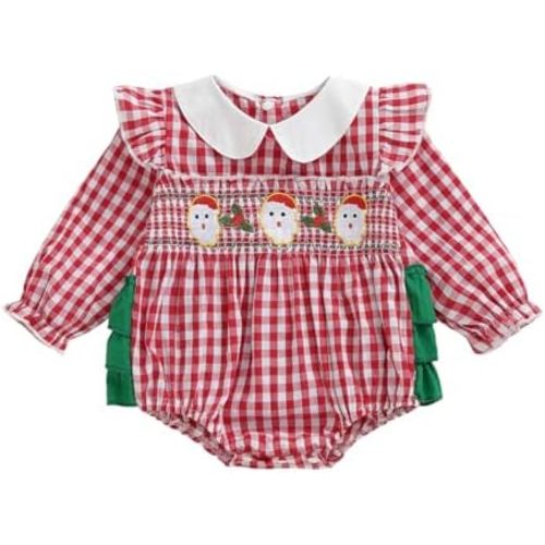 Adobabirl Infant Baby Girl Outfit Newborn Bow Bubble Romper Long Sleeve Embroidery Jumpsuit Cute Smocked Clothes