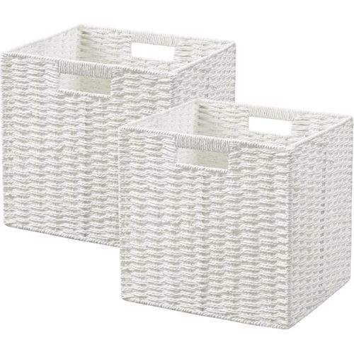 UBBCARE 2 Pack Wicker Basket,11L×11H×10.5W inch Woven Paper Rope Storage Baskets for Shelves, Foldable Cube Storage bin with Handle, Storage Basket for Organizing & Decor, White