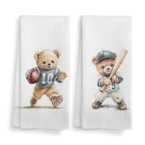 Vintage Nursery Bear Sports Decor Drying Cloth Hand Towels for Boys Kids Toddler Bathroom, Gifts for Boy Kids, Kids Baby Boy Bear Kitchen Hand Towel and Dishcloths Set of 2, 16x24 Inches