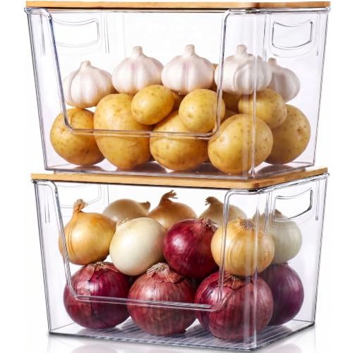 Pantry Organizers Onion Potato Storage Bins | 2 PACK, Large Clear Organizer Bins with Bamboo Lid, for Under Sink, Kitchen, Bathroom Organization and Storage