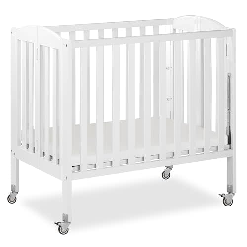 Dream On Me 3-in-1 Portable Folding Stationary Side Mini Baby Crib in White & Mattress, GreenGuard Gold & JPMA, Use as Changer & Playpen, Locking Wheels, 3 Mattress Heights, Extra Firm Mattress