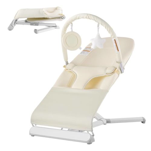 VEVOR Baby Bouncer, Folding Bouncer Seat for Babies 0-9 Months, Baby Bouncer with 2 Reclining Angles & Rotatable Toy Bar, Portable Baby Bouncers Seat with Carrying Bag for Indoors Outdoors, Beige