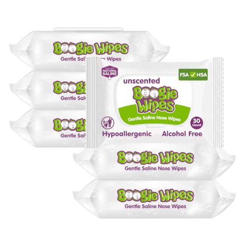 Boogie Wipes Gentle Saline Nose Wipes - 180 Count | Unscented, Hypoallergenic & Alcohol-Free - Made with Natural Saline, Aloe, Chamomile & Vitamin E - Diaper Bag Essential