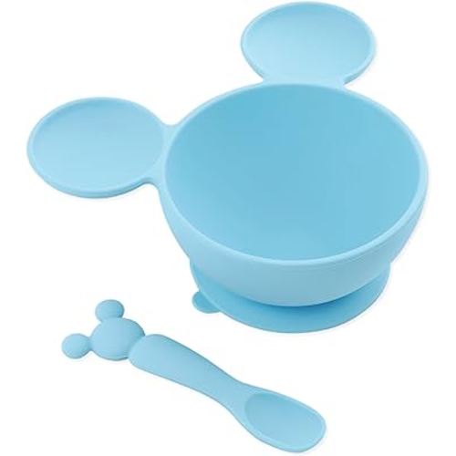 Bumkins Disney Baby Bowl, Silicone Feeding Set with Suction for Baby and Toddler, Includes Spoon and Lid, Essentials for Baby Led Weaning,for Babies 4 Months, Mickey Mouse Light Blue