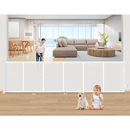 Upgrade 150 inch Retractable Baby Gates, EZIGO Extra Wide Baby Gate for Large Opening Extra Long Mesh Gate for Kids or Pet Dog Gate Child Safety Gate for Stairs Hallways Doorway Indoor Outdoor, White