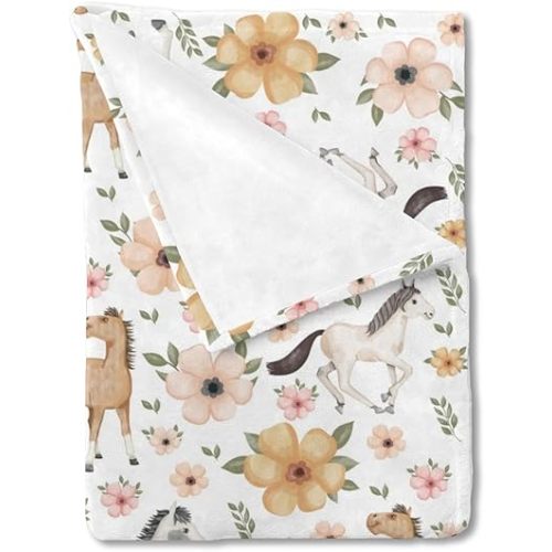 Watercolor Horse Floral Baby Blankets for Girls Boys Gift Cute Horses Boho Retro Flowers Swaddle Blanket Soft Flannel Receiving Throw Newborn Nursery Toddler Bed Blanket Playmat Crib Cover 30x40