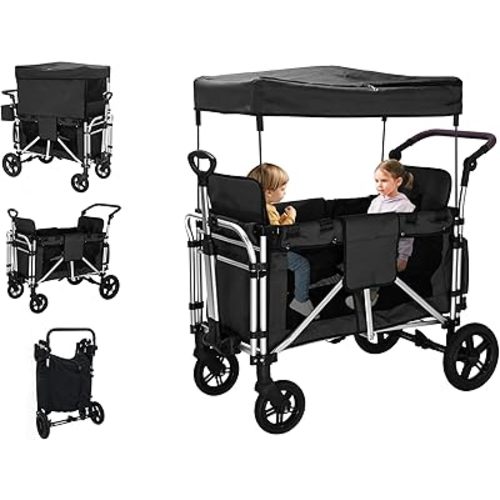 Stroller Wagon for 2 Kids, Wagon Stroller Featuring 2 High Seat with 5-Point Harnesses and Adjustable Canopy, Foldable Push-Pull Rod Stroller for Garden, Camping, Grocery Cart (Black)
