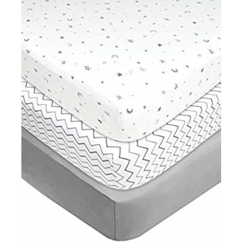 American Baby Company 100% Natural Cotton Value Jersey Knit Fitted Portable/Mini-Crib Sheet, Grey Star/Zigzag, 24" x 38" x 5", Soft Breathable, for Boys and Girls, Pack of 3