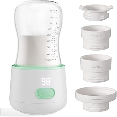 Portable Bottle Warmer for Travel, Baby Bottle Warmer for Breastmilk with Fast Heating, Safety Material, Leak-Proof, Precise Temperature Control, 4 Adapters for Most Bottles (White)