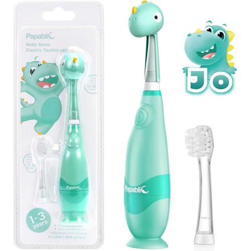 Papablic Toddler Sonic Electric Toothbrush Kids for Ages 1-3 Years, Baby Electric Toothbrush with Cute Dino Cover and Smart LED Timer, 2 Brush Heads (Jo)