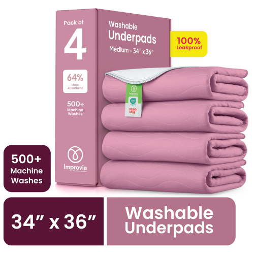 Improvia Washable Bed Pads for Incontinence, Waterproof Reusable, 18 x 24 in, 4-Pack (Pink & White)