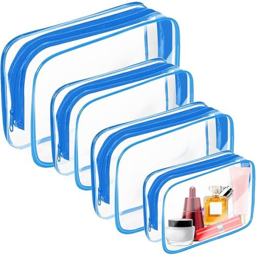 AURUZA Clear Makeup Bag,Portable Travel Toiletry Bags with Zipper, TSA Approved Clear Organizer Bags, PVC Cosmetic Pouch for Airport Airline Compliant (4 Packs Blue)