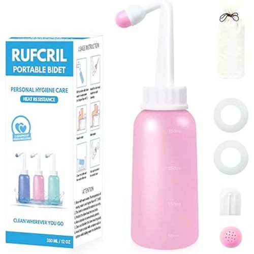 Peri Bottle for Postpartum Care, RUFCRIL 350ml Perineal Wash Bottle with Carry Bag & Extra Sealing Ring, TPE Safe to Boil, Portable Bidet for Postpartum Recovery, Haemorrhoid Relief, Pink