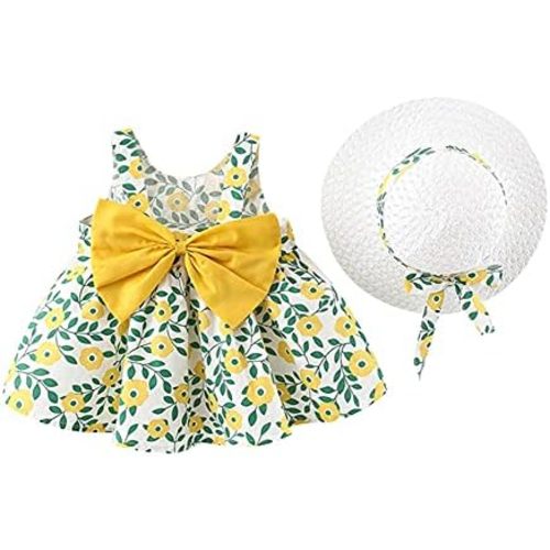 IBTOM CASTLE Baby Girls Party Summer Tutu Dresses Backless Bowknot Flower w/Straw Hat Princess Party Sundress