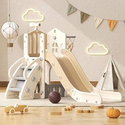 YUFU 5 in 1 Toddler Slide, Kids Climber Slide with Basketball Hoop and Ball, Indoor Outdoor Playset for Toddlers Age 1-3 (Beige+Coffee)