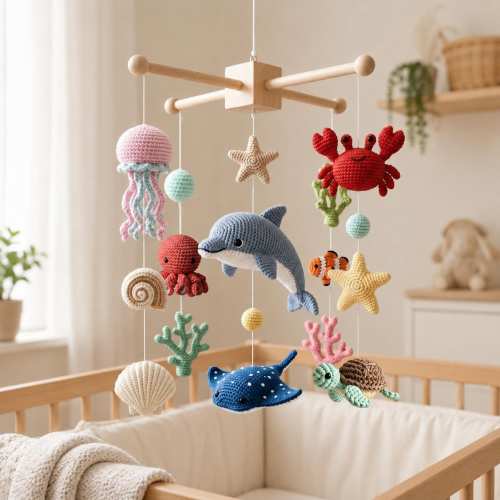 Handmade Ocean Theme Baby Mobile, Crochet Sea Themes Animals Baby Mobile, Crochet Under The Sea Nursery Decor, Sea Animals Baby Shower Gift