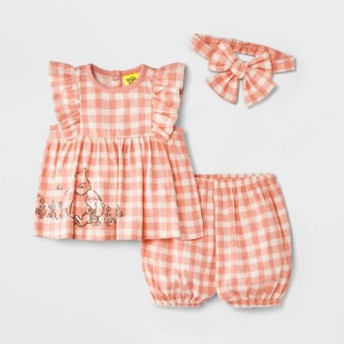 Baby Girls' 2pc Disney Winnie the Pooh Collection Gingham Shirt & Bloomer Shorts Set - Pink 0-3M