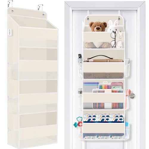 WISELIFE Over The Door Organizer Storage 4 Shelves Large Capacity Hanging Bedroom Storage Solution with 6 Side Pockets for Dorm Bathroom Pantry Nursery and Baby Essentials Holds up to 40 Lbs (Beige)