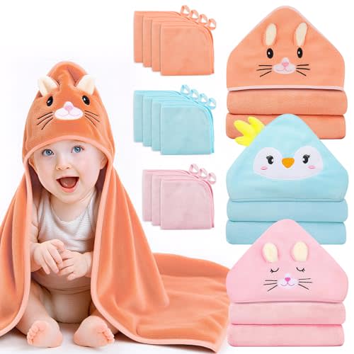 14 PCS Baby Towels, 3 PCS Soft Hooded Baby Towels & 11 PCS Washcloths, Baby Bath Towels for Newborns, Infants & Toddlers, Ultra Absorbent, Cute Baby Towel Gift for Girls