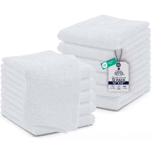 Dan River Washcloths pack of 12 High-Quality Soft Cotton Absorbent and Multipurpose Wash Clothes for Face & Body - White, 12x12in