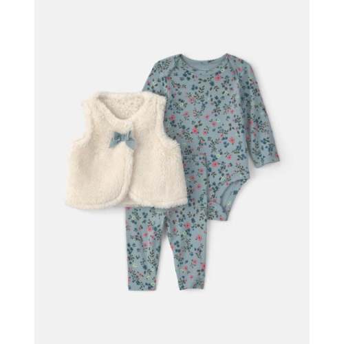 Baby Girl 3-Piece Floral Teddy Fleece Layering Set - Blue/Cream | Carter's