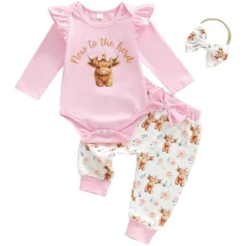 3PCS Western Baby Girl Outfit Ruffled Long Sleeve Romper Bow Cow Print Pants Headband Set Cowgirl Clothes