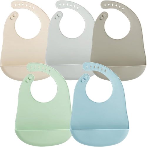 PandaEar 5 Pack Waterproof Silicone Baby Bibs| Super Thin Light Weight Feeding Bib with Food Catcher Pocket for Toddler (Cream/Gray/Taupe/Green/Blue)
