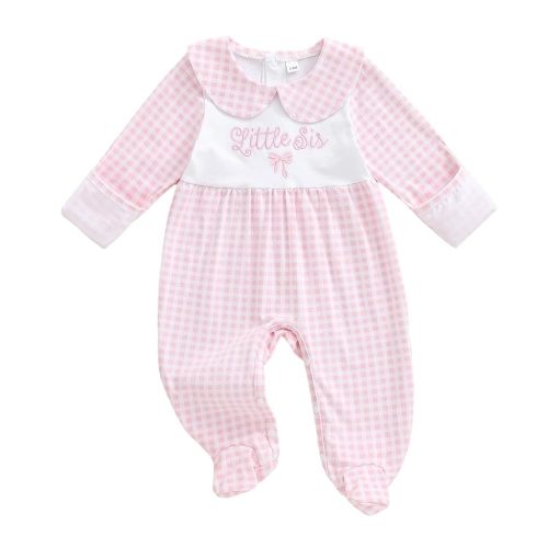 Newborn Baby Girl Footed Romper Onesie Little Sister Embroidery Fall Clothes Coming Home Outfit Vintage Jumpsuit