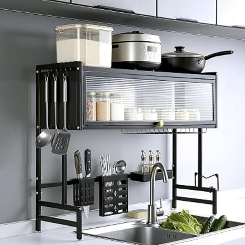 Over the Sink Dish Drying Rack 3 Tier with Cover – Rust Resistant Over Sink Dish Rack, Space Saving Tall Drying Rack for Kitchen, Dish Rack Over Sink Holds Dishes Glasses Bowls & Cutlery