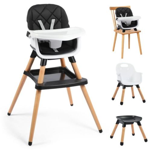 Kinder King 7 in 1 Baby High Chair Convert to Wooden Feeding Chair Removable Tray 5-Point Harness Gray