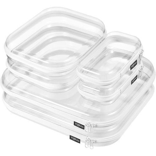 6 Pack Clear Hard Shell Zipper Case (2 Small, 2 Medium, 2 Large), See-Through Hard Plastic Organizer Pouches with Zipper for Travel, Toiletries, Makeup, Electronics & Pencils - Crush-Resistant Storage