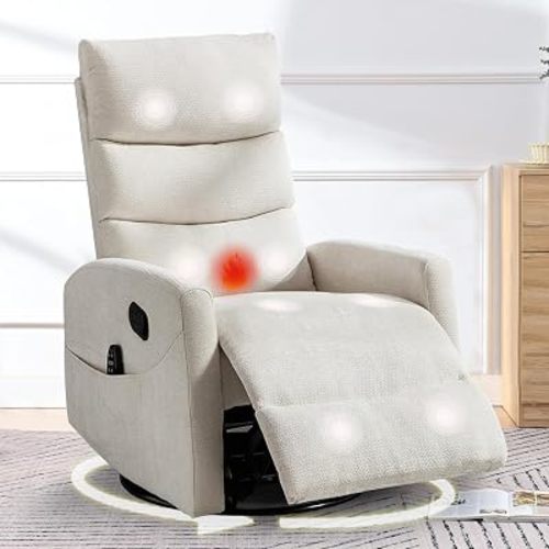 cinkehome Swivel Rocker Recliner Chair, Upholstered Nursery Glider Recliner Chair with Heated Massage, High Back, Side Pocket (Off-White Chenille)