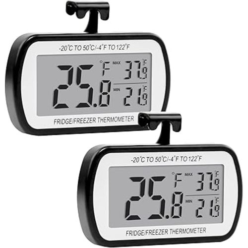2 Pack Refrigerator Fridge Thermometer Digital Freezer Room Thermometer Waterproof Large LCD Display Max/Min Record Function-Black