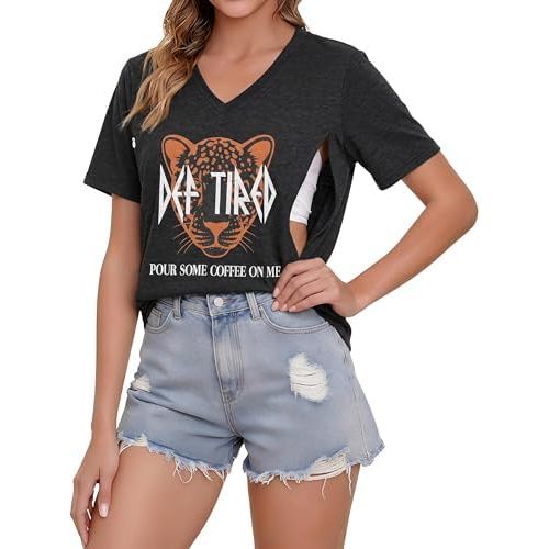 LUKYCILD Nursing Shirts for Breastfeeding Women Zipper Nursing Maternity Graphic Tee Mama Breast Feeding V Neck Tops