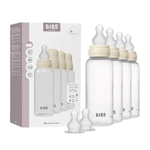 BIBS Plastic Baby Bottle, 270 ml, 4-Pack, Silicone Nipple, Ivory | Anti-Colic | Flow Control | BPA-Free Plastic | Breastfeeding Support | Made in Denmark