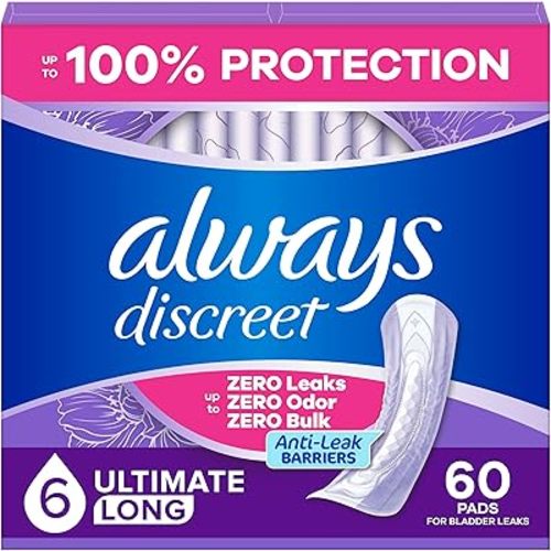Always Discreet Adult Incontinence Pads for Women, Drier, 6 Drop Long Length, Extra Heavy Absorbency, Pads for Bladder Control Management, Bladder Leaks, & Postpartum Pads, 60ct