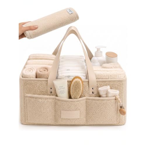 Baby Diaper Caddy Organizer with Waterproof Changing Pad, Beige | Sherpa teddy fleece nursery storage basket, removable velcro dividers, wipeable interior, newborn shower gift, car and travel