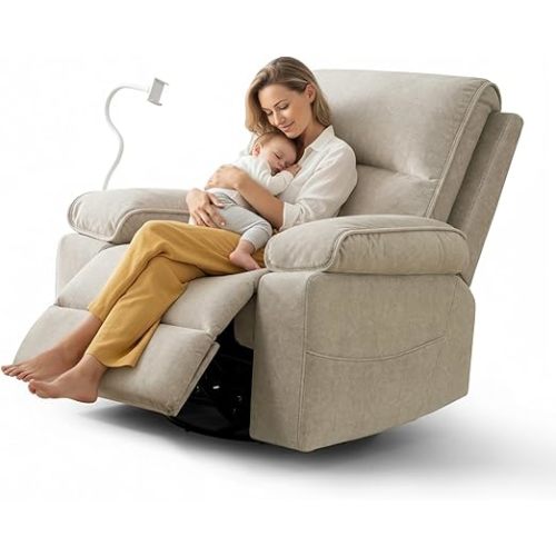 Nursery Glider Recliner Chair, 360° Swivel Rocker Recliner for Nursery Living Room, Oversized Manual Reclining Chair with Phone Holder, Velvet Nursing Chair, Rocking Chair, Beige